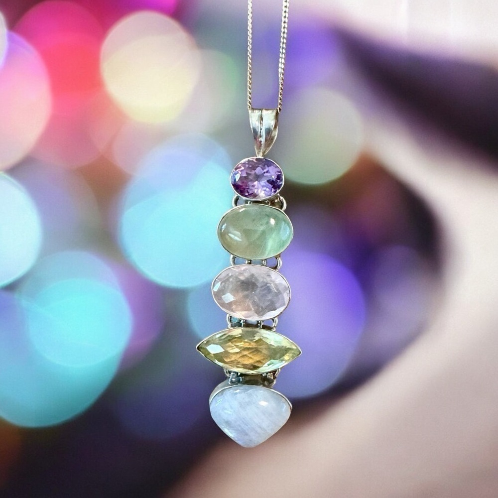 Genuine Multi-Gemstone Sterling Silver Pendant Necklace